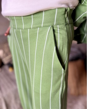 pantalon RUTI wide leg vert olive rayé blanc 3